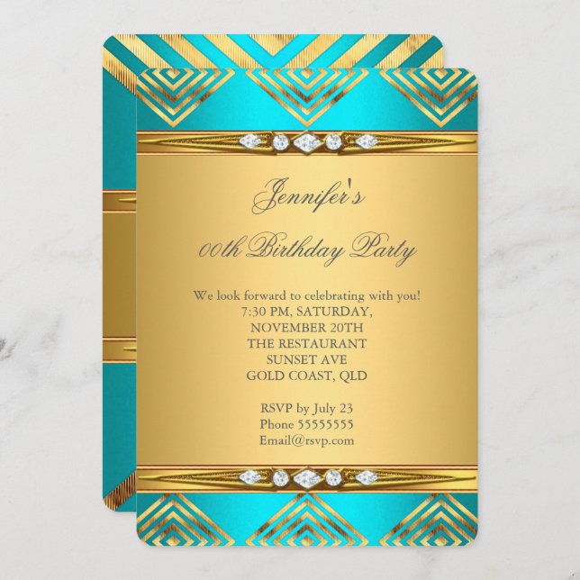 Teal Blue Deco Stripe Gold Diamond Party Invitation (Front/Back)
