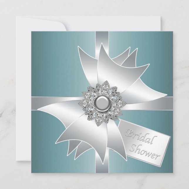 Teal Blue Diamond Bow Bridal Shower Invitation (Front)