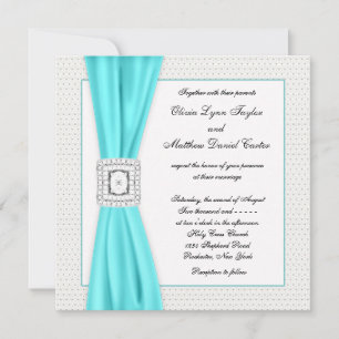 Teal Blue Diamond Ivory Wedding Invitation