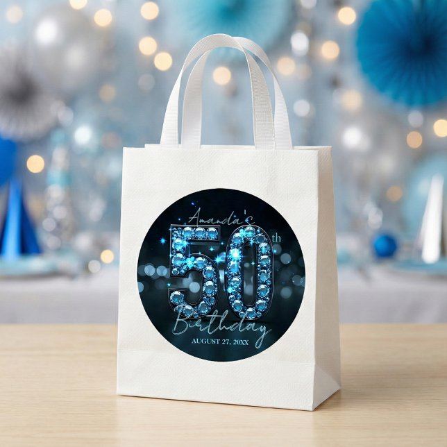 Teal Blue Diamonds & Black Glamourous 50th Birthda Classic Round Sticker (Creator Uploaded)