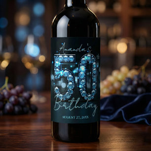 Teal Blue Diamonds Glamorous 50th Birthday Wine Label