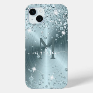 Teal Blue Diamonds - Personalised iPhone 15 Mini Case