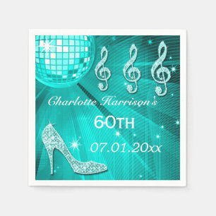 Teal Blue Disco Ball and Sparkle Heels 60th Napkin