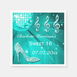 Teal blue Disco Ball and Sparkle Heels Sweet 16 Napkin