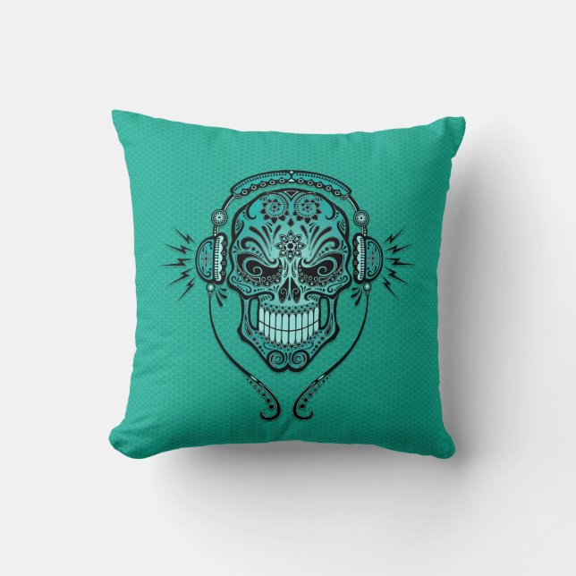 Teal Blue DJ Sugar Skull Cushion (Front)