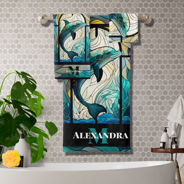 Teal Blue Dolphin Look of Stained Glass Bath Towel Set (Creator Uploaded)