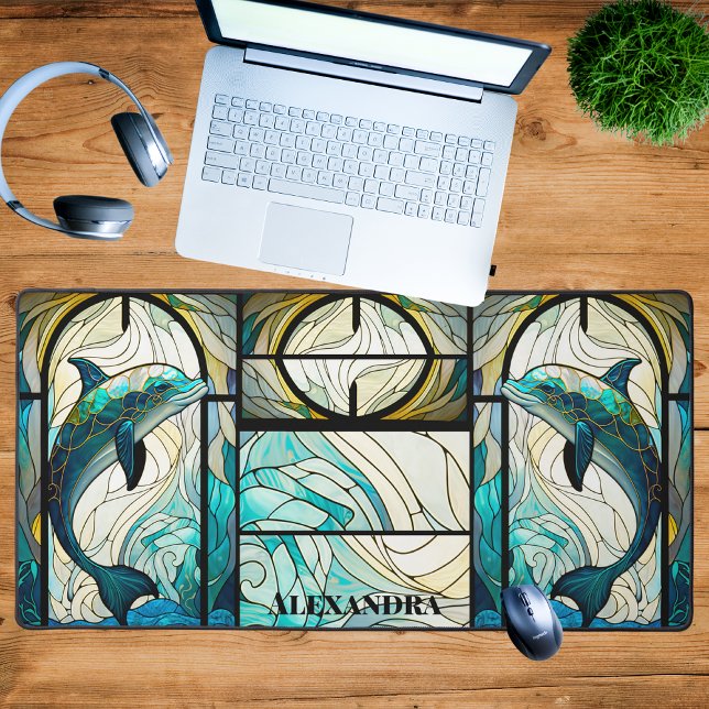 Teal Blue Dolphin Look of Stained Glass Desk Mat (Creator Uploaded)