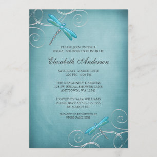 Teal Blue Dragonfly Swirls Bridal Shower Invitation