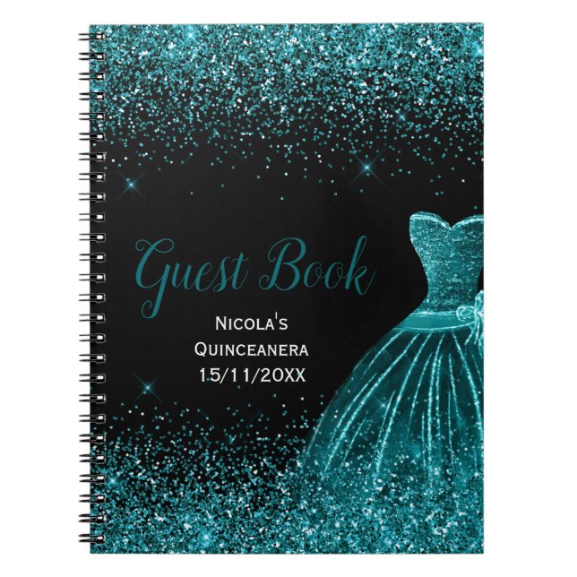 Teal Blue Dress Faux Glitter Quinceanera Guest  Notebook (Front)