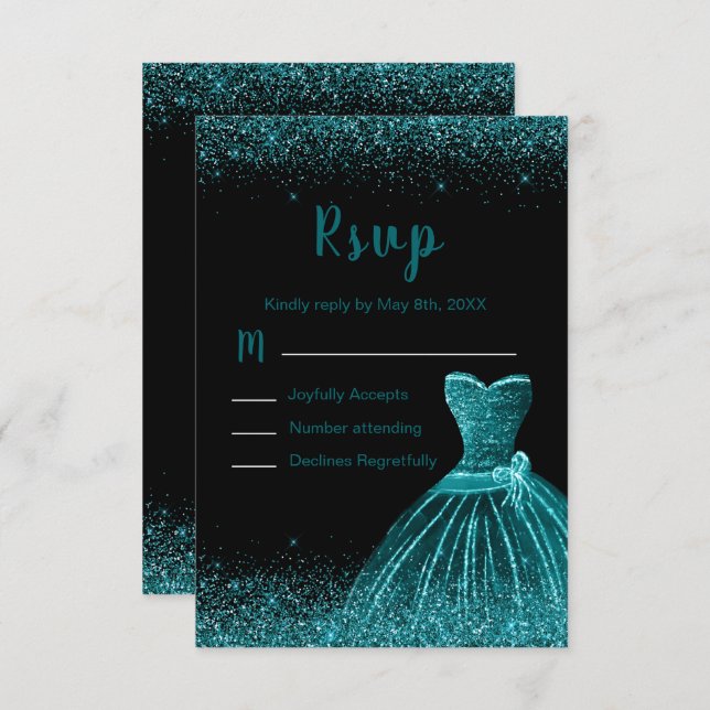 Teal Blue Dress Faux Glitter Quinceanera RSVP Card (Front/Back)