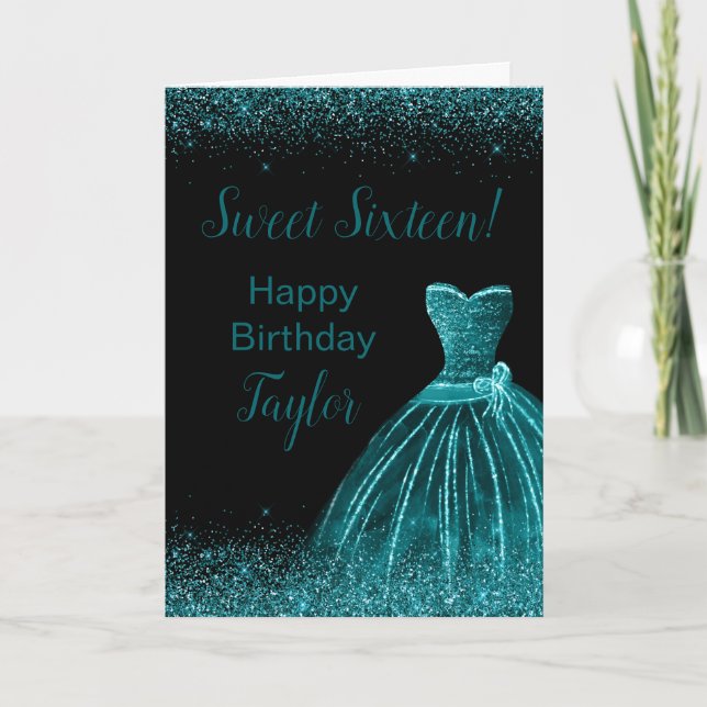 Teal Blue Dress Faux Glitter Sweet 16 Birthday Card (Front)