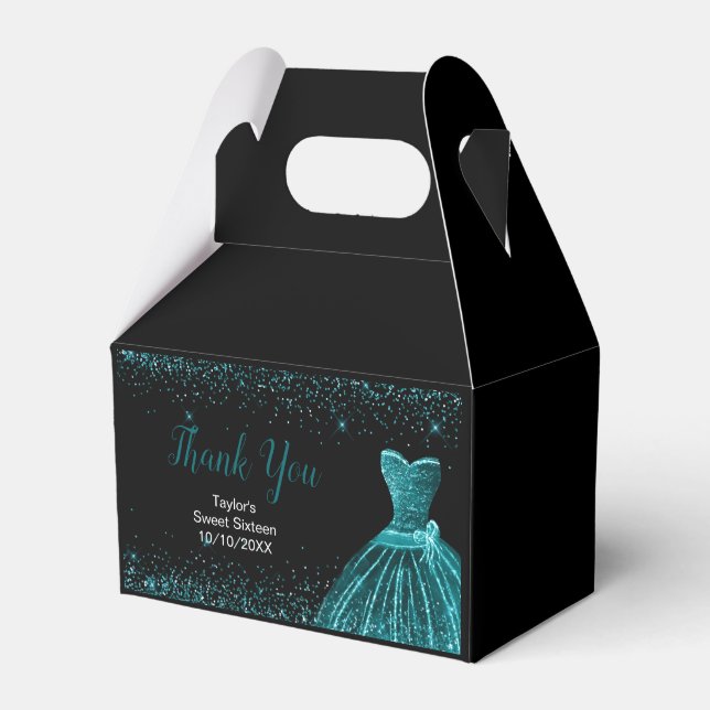 Teal Blue Dress Faux Glitter Sweet 16 Birthday Favour Box (Front Side)