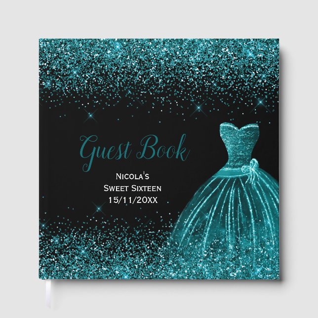 Teal Blue Dress Faux Glitter Sweet 16 Birthday Guest Book (Front)