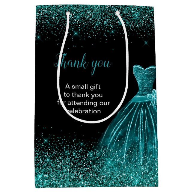 Teal Blue Dress Faux Glitter Sweet 16 Birthday Medium Gift Bag (Front)