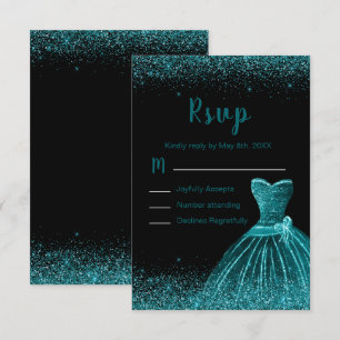 Teal Blue Dress Faux Glitter Sweet 16 Birthday RSVP Card