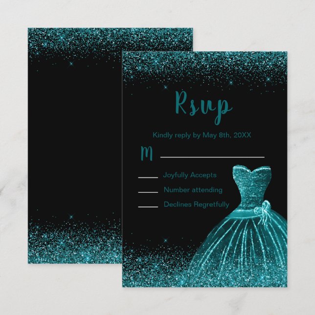 Teal Blue Dress Faux Glitter Sweet 16 Birthday RSVP Card (Front/Back)