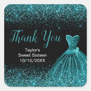 Teal Blue Dress Faux Glitter Sweet 16 Birthday Square Sticker