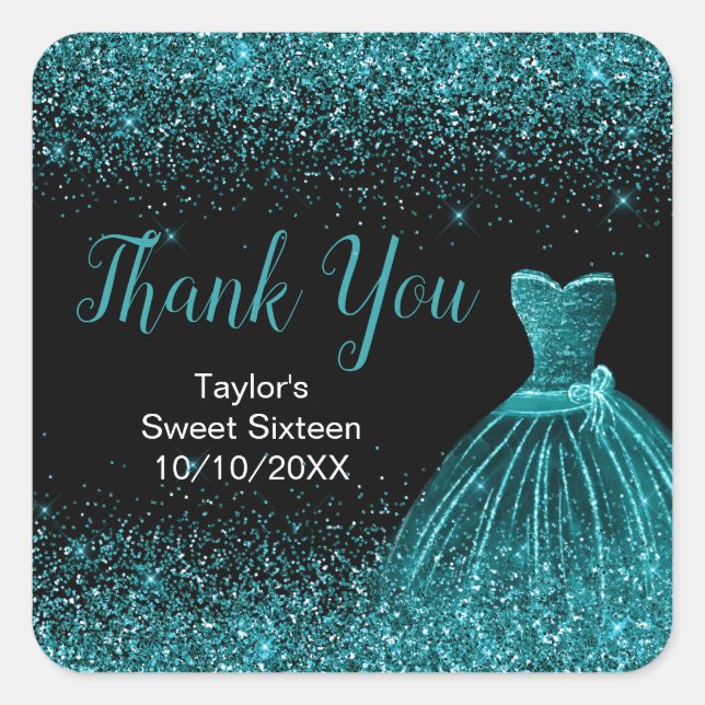 Teal Blue Dress Faux Glitter Sweet 16 Birthday Square Sticker (Front)