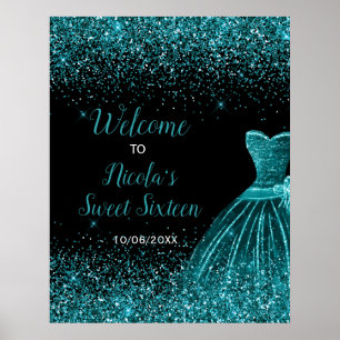 Teal Blue Dress Faux Glitter Sweet 16 Welcome Poster