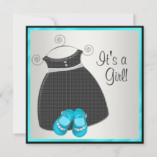 Teal Blue Dress Shoes Teal Black Baby Girl Shower Invitation