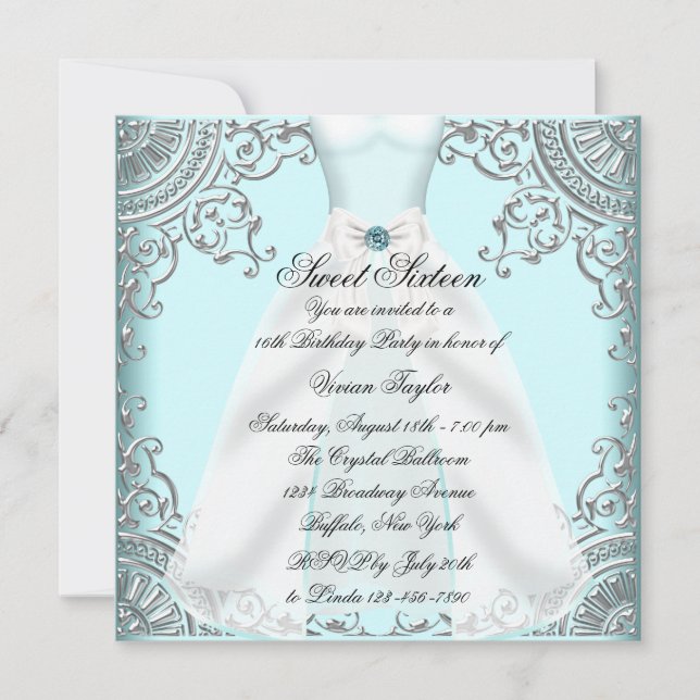 Teal Blue Dress Teal Sweet 16 Birthday Party Invitation (Front)