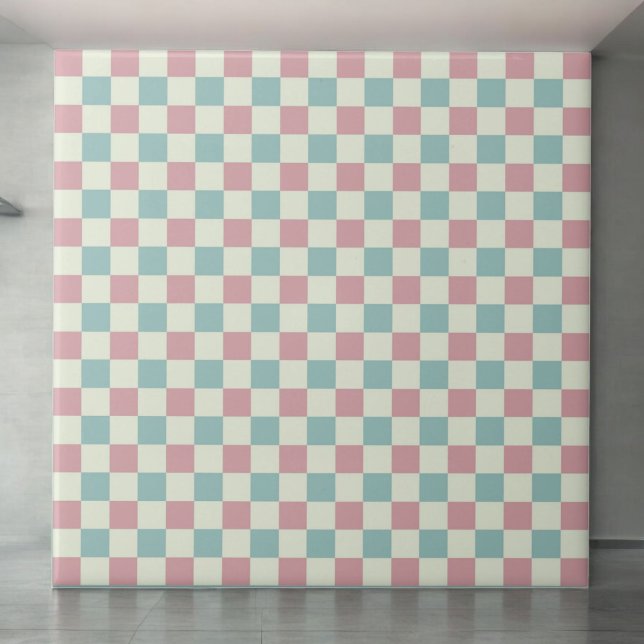 Teal Blue & Dusty Pink Chequered Pattern Retro Ceramic Tile (Creator Uploaded)