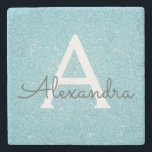 Teal Blue Elegant Glitter & Sparkle Monogram Stone Coaster<br><div class="desc">Teal Aqua Blue Faux Glitter and Sparkle Elegant Stone Tile. These Stone Tiles can be customised to include your initial and first name and make a perfect Sweet 16 Birthday,  Wedding or Christmas Gift.</div>
