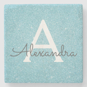 Teal Blue Elegant Glitter & Sparkle Monogram Stone Coaster