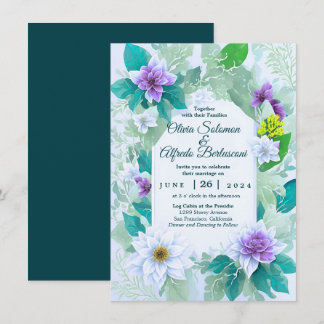Teal blue elegant modern whimsical wedding theme invitation