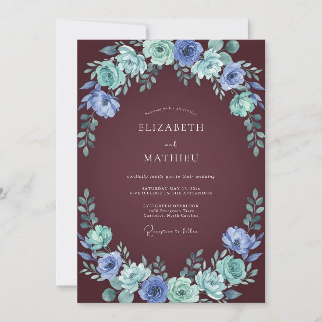 Teal Blue Ethereal Flourish Wedding Invitation (Front)