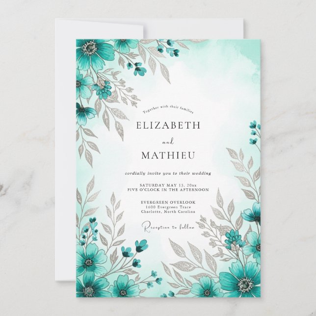 Teal Blue Exquisite Spring Wedding Invitation (Front)