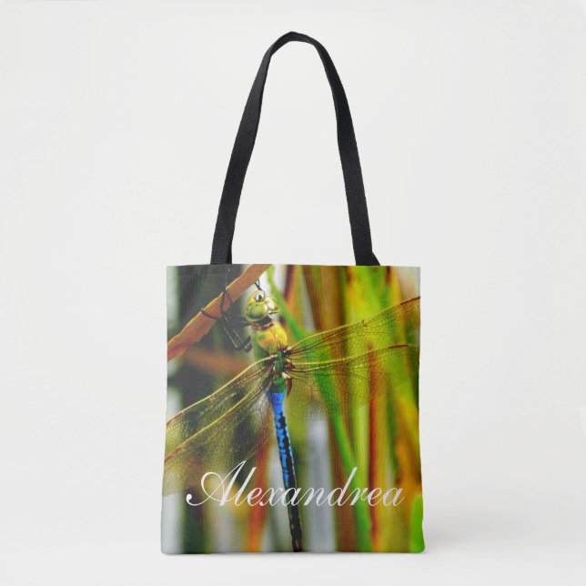 Teal Blue eye dragnfly personalised w/ Name Tote Bag (Front)