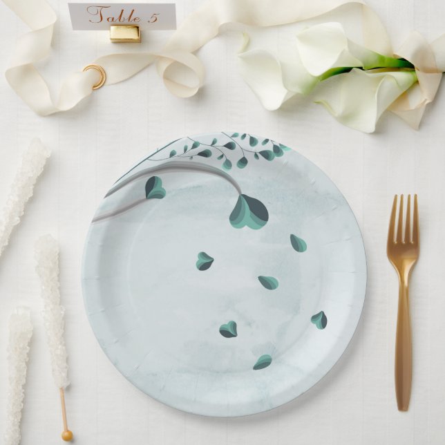 teal blue falling leaves botanical paper plate (Wedding)