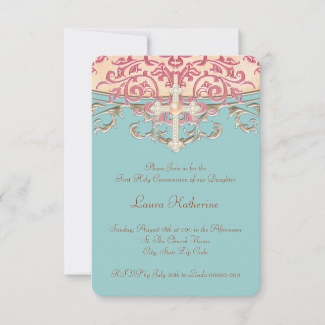 Teal Blue First Communion Invitation (Front)