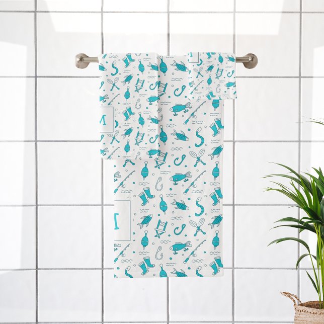 Teal Blue Fishing Seamless Pattern Monogrammed Bat Bath Towel Set (Creator Uploaded)