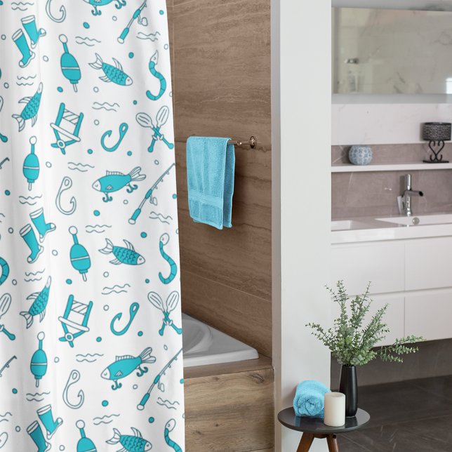 Teal Blue Fishing Seamless Pattern Monogrammed Shower Curtain (Creator Uploaded)