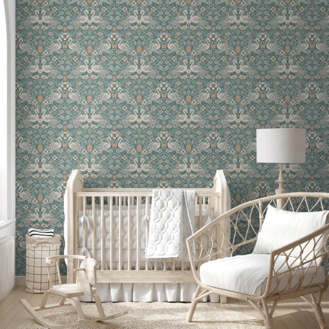 Teal Blue Flamingo Floral Damask Wallpaper (Kids)