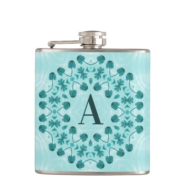 Teal Blue Floral Abstract Monogram Hip Flask (Front)