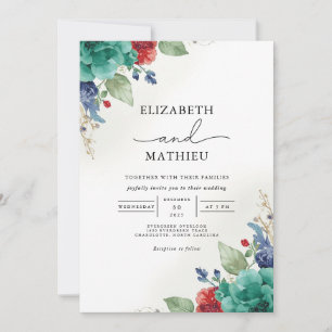 Teal Blue Floral Botanical Wedding Invitation