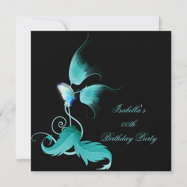 Teal Blue Floral Butterfly Black Birthday Party Invitation (Front)