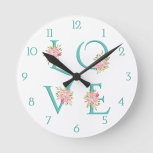 Teal blue floral Love typography Valentines Day Round Clock