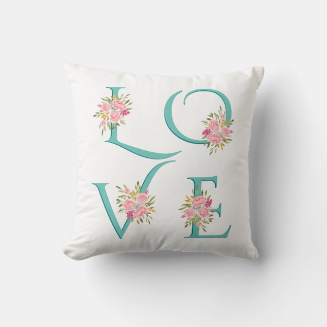 Teal blue floral Love typography Valentines Day Th Cushion (Front)
