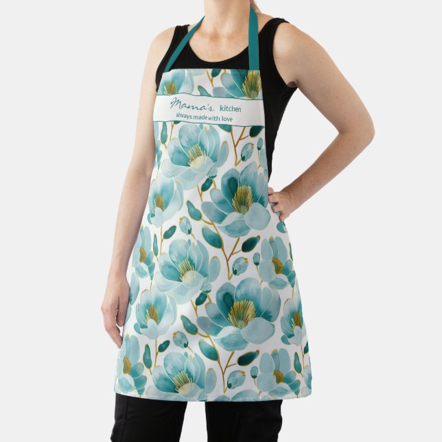 Teal Blue Floral Mama's Kitchen Apron (Insitu)