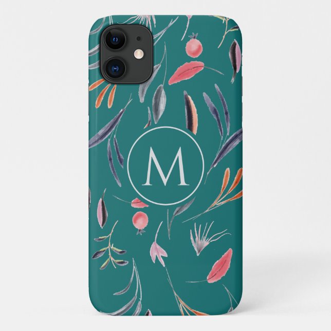 Teal Blue Floral MONOGRAM Custom Personalised Case-Mate iPhone Case (Back)