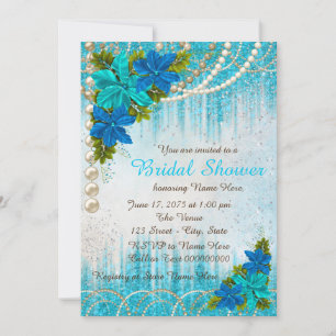 Teal Blue Floral Pearl Bridal Shower Invitation