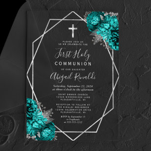 Teal Blue Floral Silver Text First Holy Communion Acrylic Invitations