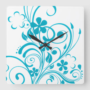 Teal Blue Floral Swirl Retro Square Wall Clock