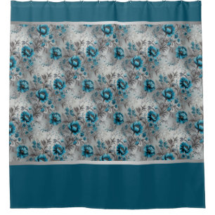 Teal Blue Floral Vibrant Shower Curtain