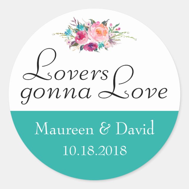 Teal Blue Floral Wedding Classic Round Sticker (Front)