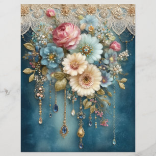 Teal Blue Flower Gems Junk Journal Scrapbook Paper